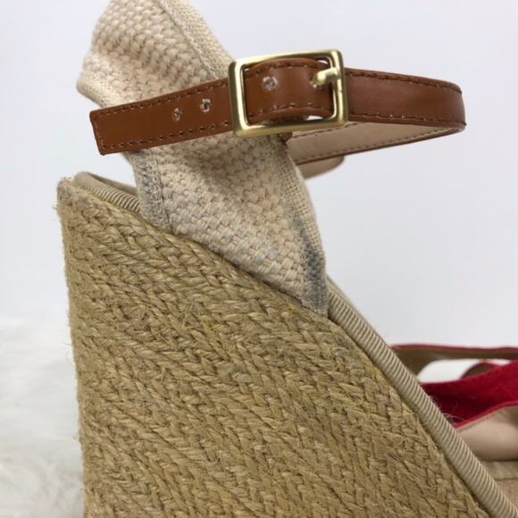 2/$30 BCBGeneration 7.5 B Womens Red Beige Canvas Ankle Strap Wedge Sandals - Picture 5 of 10